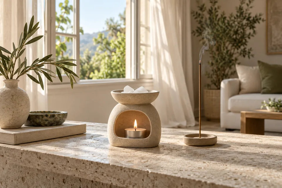 A camphor warmer and incense in a freshly aired, sunlit room.