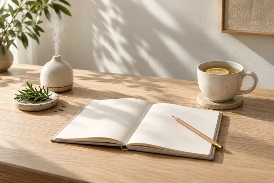 A clear desk with a notebook, lemon tea and rosemary diffuser.