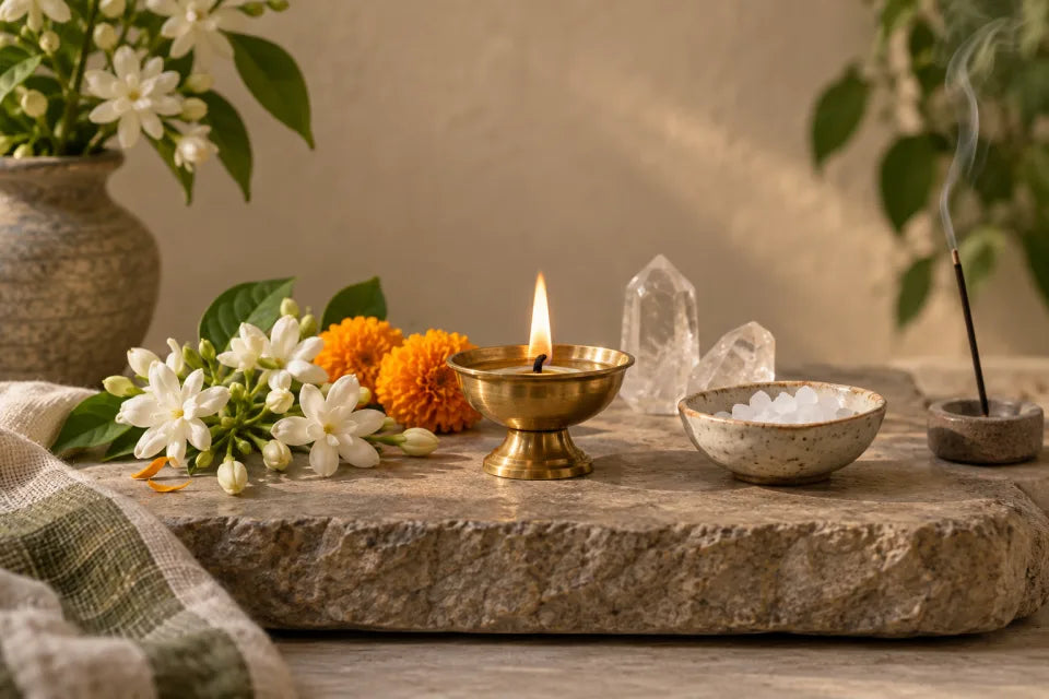 A brass diya, flowers, crystals and camphor arranged in a sacred corner.
