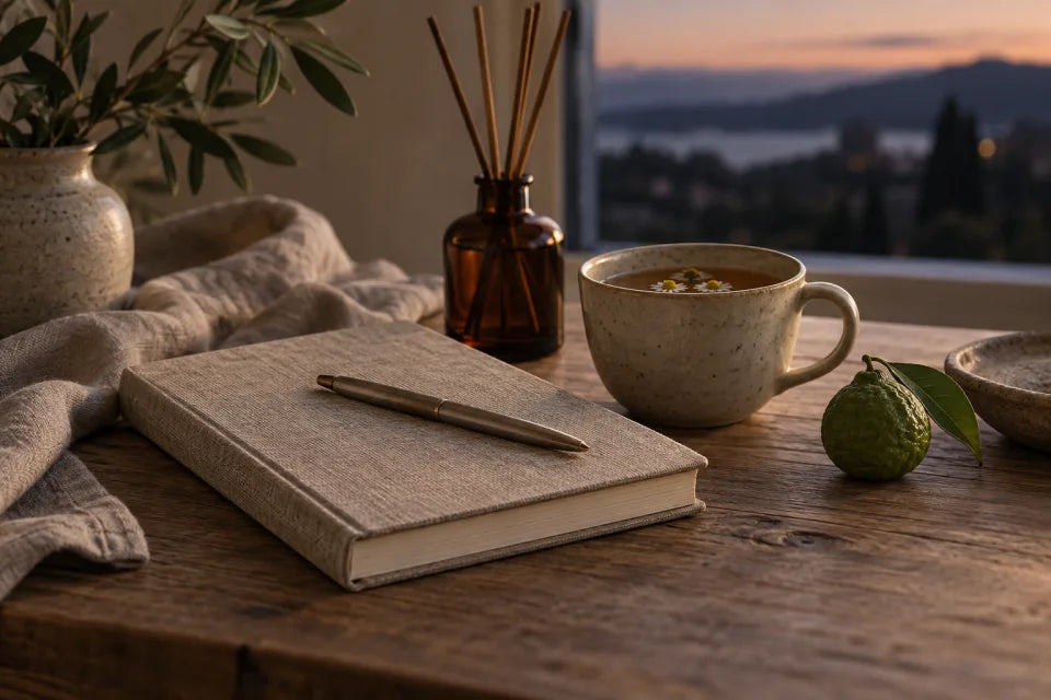 A closed journal, chamomile tea and bergamot at the end of the day.