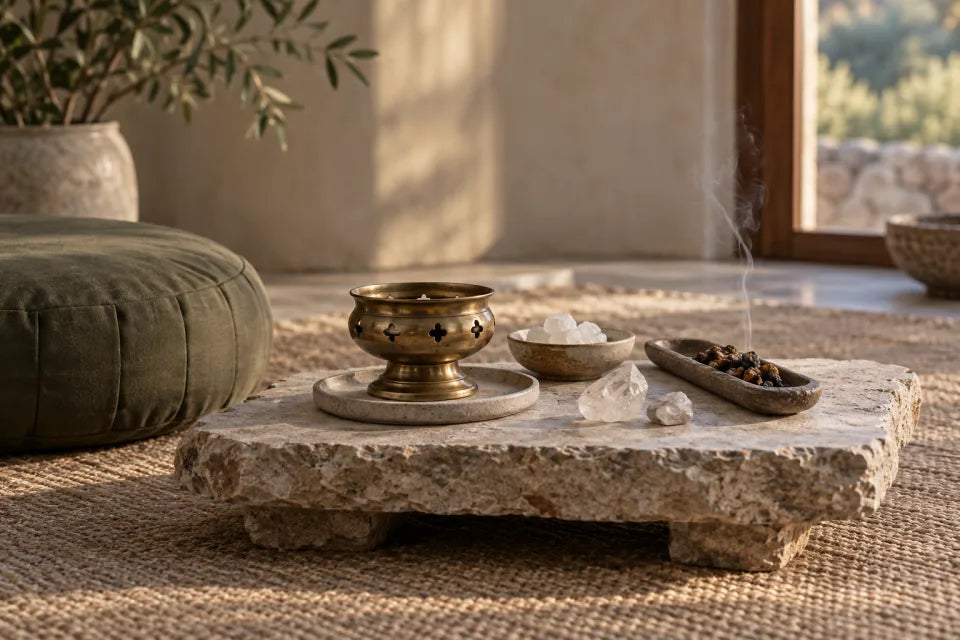 Camphor, incense and natural stones beside a meditation cushion.