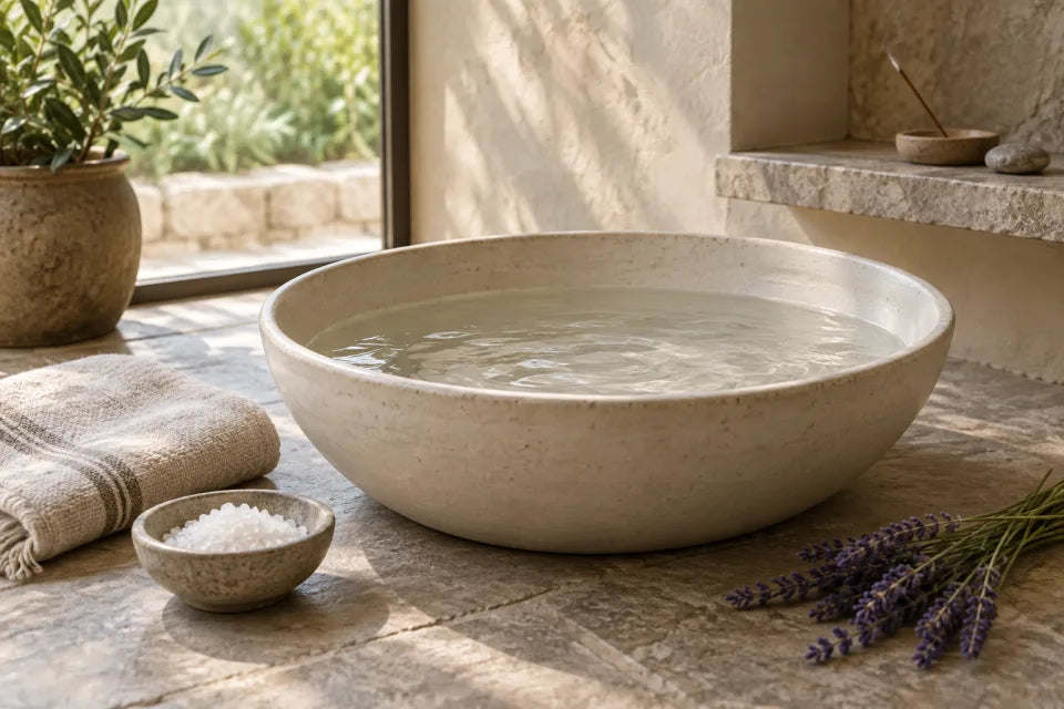 A warm foot bath prepared with a towel, salt and lavender nearby.
