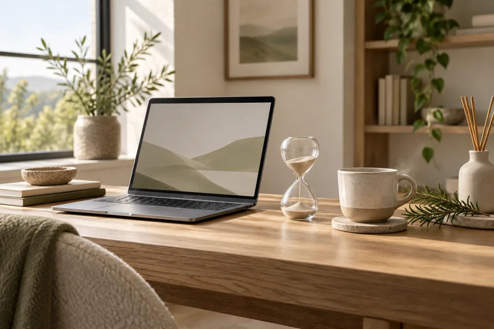 A laptop, sand timer and tea arranged for an uninterrupted work session.