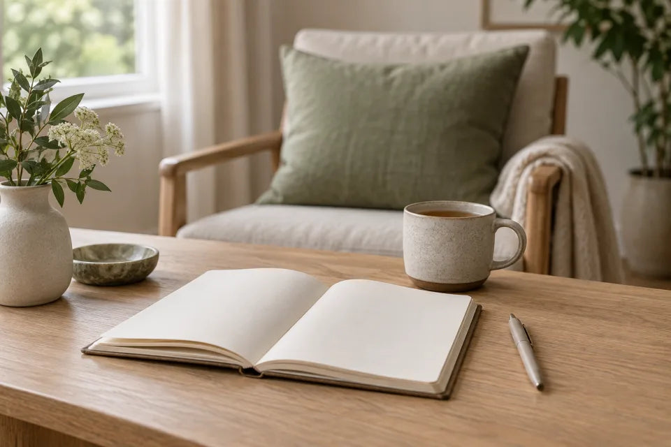 An open journal and warm tea in a quiet space for reflection.