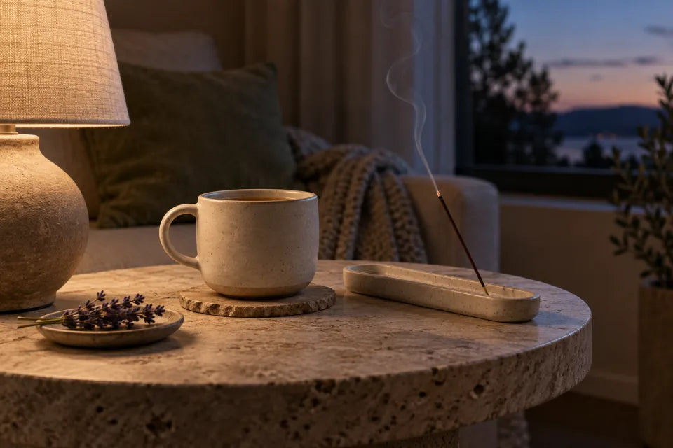 Evening tea and incense in soft lamplight at dusk.