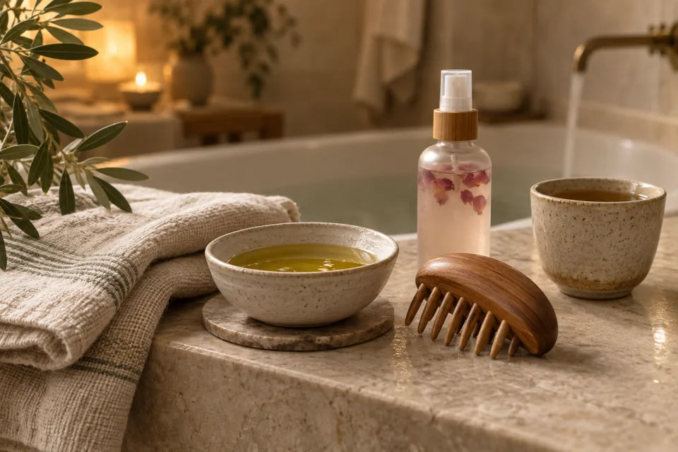 A scalp massage comb, hair-oil bowl, rosewater and tea for a home spa ritual.