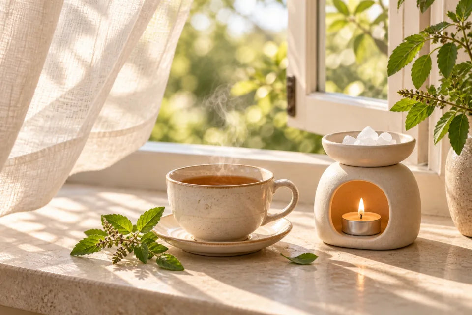 Tulsi tea and a camphor warmer beside an open sunlit window.