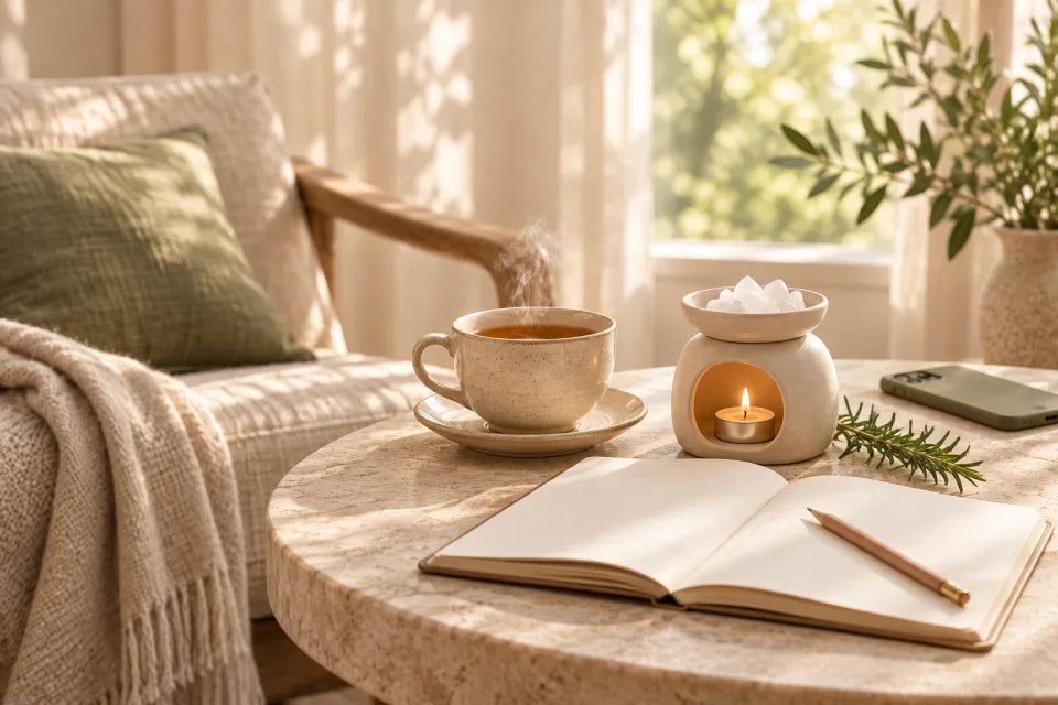 Tea, a blank journal and rosemary beside a quiet window seat.