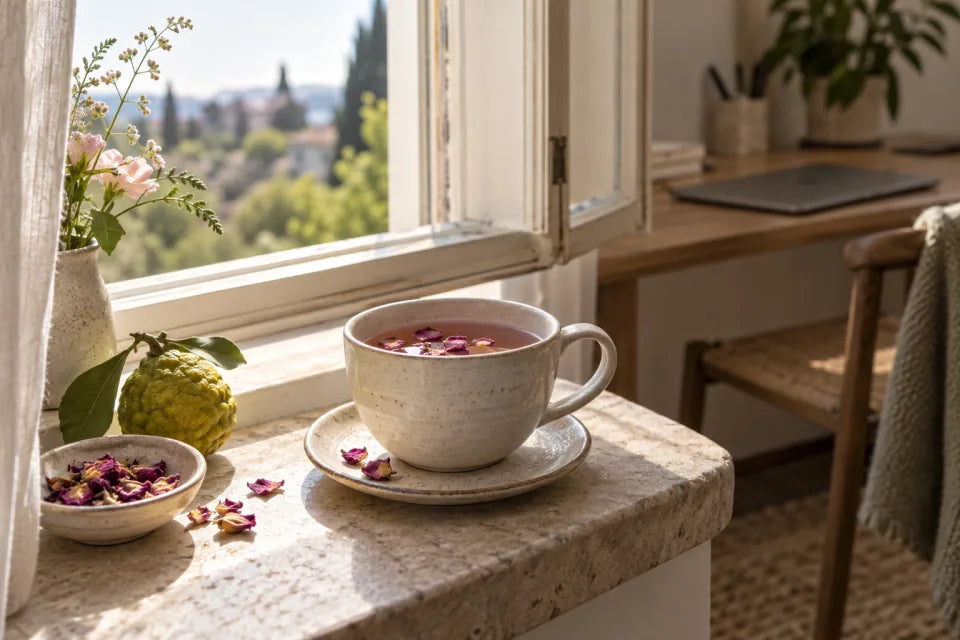 Tea beside an open window, with the workspace left behind in the background.