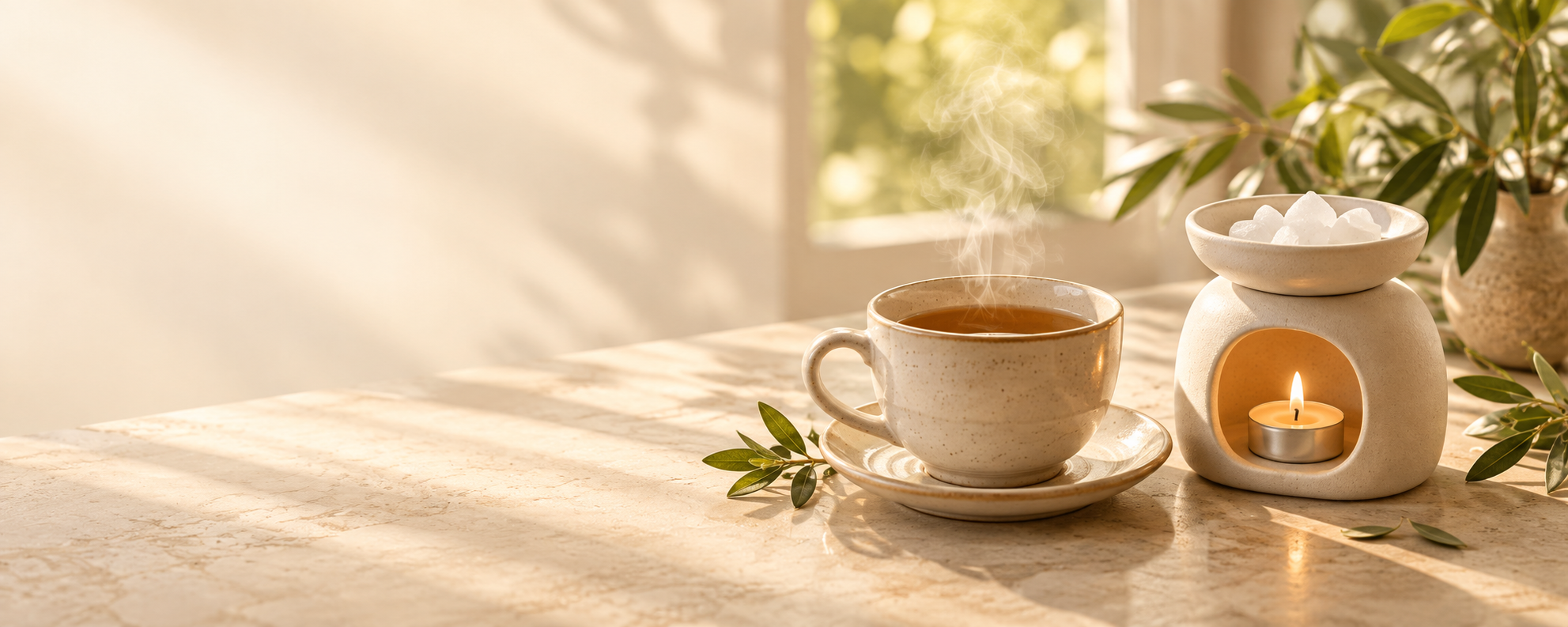 A ceramic cup of tea beside a tealight diffuser with a lit candle and white camphor in its top dish